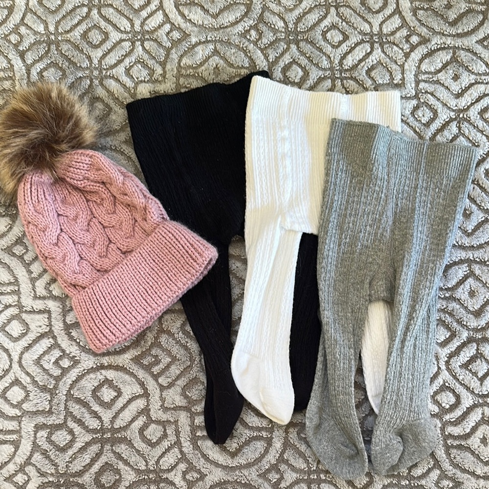 Pink Knit Hat and Cable Knit Tights Set
